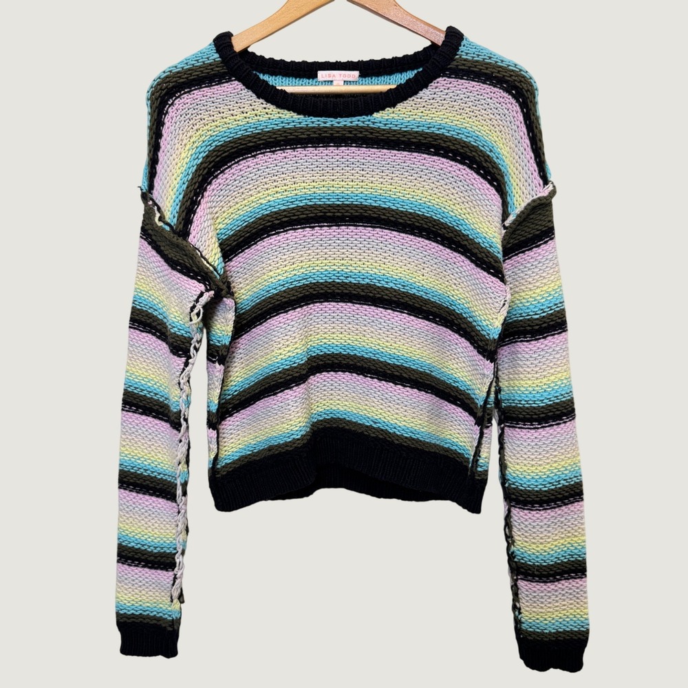 Lisa Todd Sweater S Multicolor Striped Exposed Seam Knit Oversized Pastel Boho